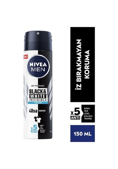Men Erkek Sprey Deodorant Black&white Invisible Fresh, Ter Ve Ter Kokusuna Karşı 48 Saat Anti-perspirant Koruma 150ml X3 Adet
