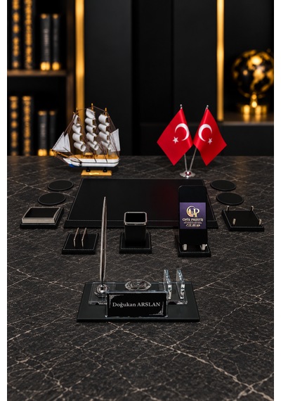 13 Parça Kristal Masa İsimlik Seti Kişiye Özel Gemi Figürlü Ofis Sümen Takımı Siyah