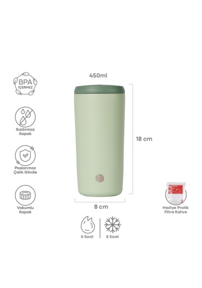 Açık Yeşil Mat Dokulu Paslanmaz Çelik Termos 450 Ml Kapaklı No:140