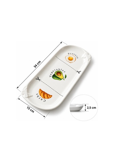 Porsiyon Kontrol Diyet Tabağı 34 Cm Protein Sebze Karbonhidrat Desenli Seramik Sağlıklı Beslenme Servis Tabağı Beyaz