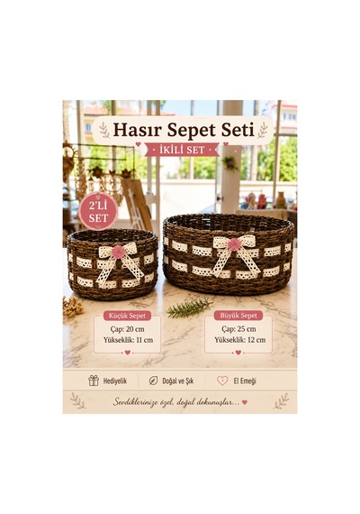 Hasır Sepet Seti 2 Li Dekoratif Hediyelik