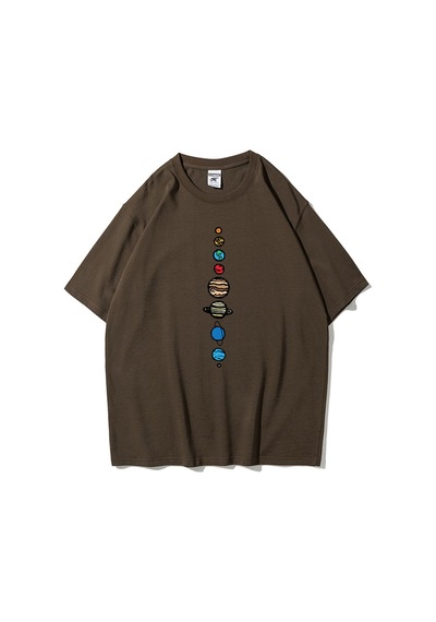Flood Of Style Unisex Kahverengi 9 Gezegen Baskılı Oversize Bisiklet Yaka Tshirt