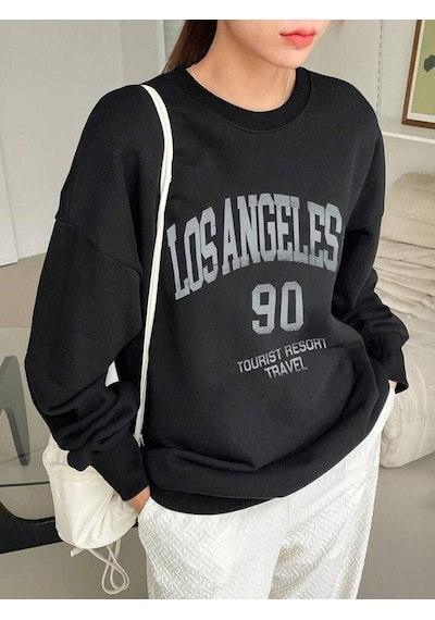 Los Angeles 90 Sweatshirt - Siyah Baskılı Oversize Bisiklet Yaka Siyah
