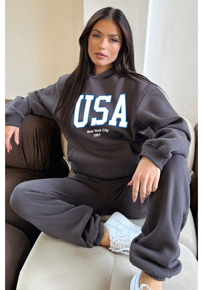 Usa Eşofman Takımı Sweatshirt Jogger - Füme Baskılı Oversize Şardonlu Kapüşonlu Füme