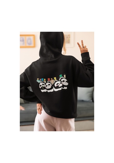 Stil X Sevimli Pandalar Baskılı Kadın Sweatshirt Siyah-1
