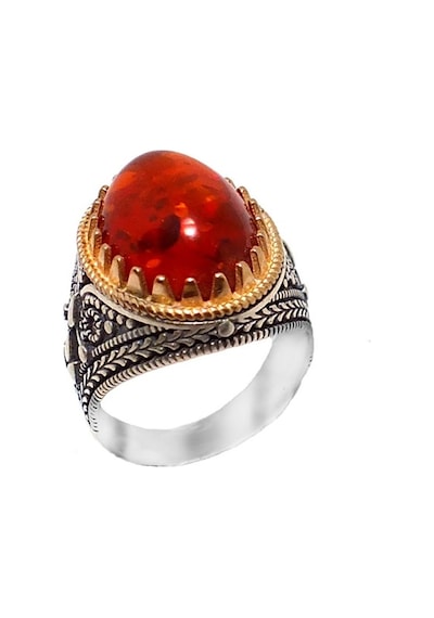 Kehribar Taşlı 925 Ayar Gümüş Motifli Unisex Yüzük 398880409