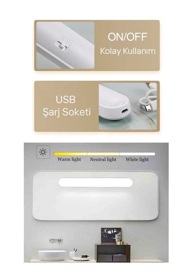 Şarjlı Mıktantıslı Işık Micro Usb Kablosuz Led 3 Farklı Işık Martı Aplik - 1 Adet Beyaz