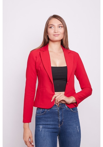 Yakalı Flato Cepli Uzun Kol Pamuklu Kumaş Kısa Blazer Ofis Ceket -kırmızı Kırmızı