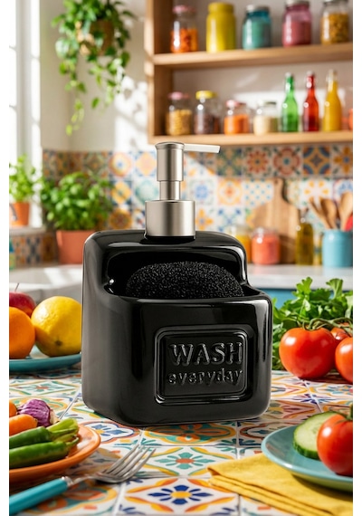 Makri Home Şık Ve Pratik Seramik Süngerlikli Sıvı Sabunluk/deterjanlık, Siyah, 500 Ml