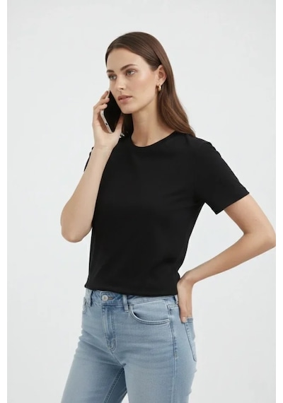 İkales Bisiklet Yaka Tişört Regular Kalıp Basic Pamuklu Günlük Kullanım T-shirt - Siyah