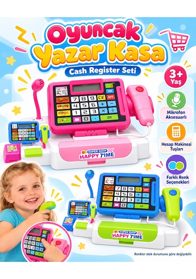 Oyuncak Barkod Okuyucu Yazar Kasa Hesap Makineli Cash Register Süpermarket Kasiyer Oyunu Alışveriş Seti Pembe