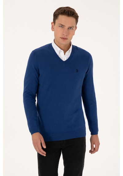 U.S. Polo Assn. Erkek Slim Fit V Yaka İndigo Basic Triko Kazak 50313662-VR028