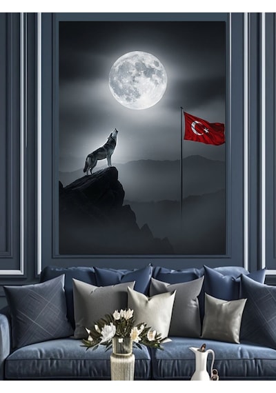 Ahşap Tablo Ay Işığında Uluyan Kurt Ve Bayrak