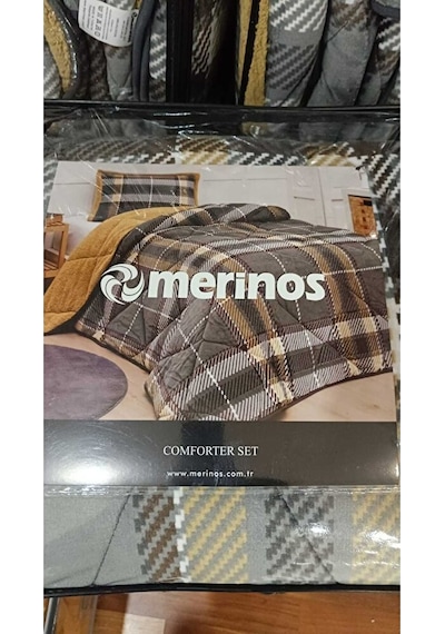 Comforter Tek Kişilik Yorgan Seti Kareli Koyu Gri-sarı 220x240 Renkli