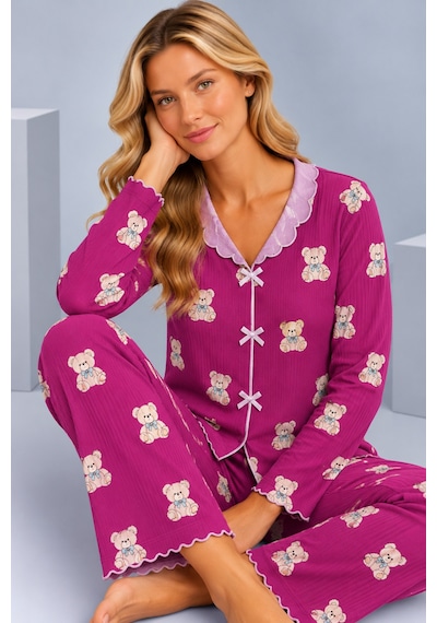 Pijamask Kadın Desenli Fiyonk Detaylı Düğmeli Uzun Kollu Müslin Pijama Takımı Fuşya-9