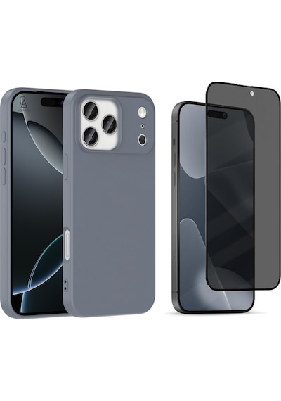 Apple Uyumlu iPhone 17 Pro Içi Kadife Lansman Kılıf Ve Hayalet Tam Kaplayan Cam Ekran Koruyucu Gri