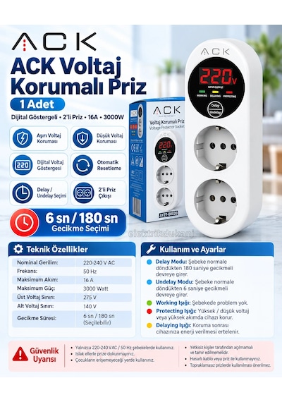 Ack İkili Ani Yüksek Akım + Voltaj Korumalı Priz Dijital Göstergeli 140v-280v Arası Standart
