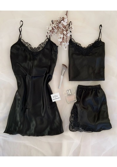 Mh Moony Homewears 3'lü Siyah Pırlanta Saten Çeyiz Seti Siyah