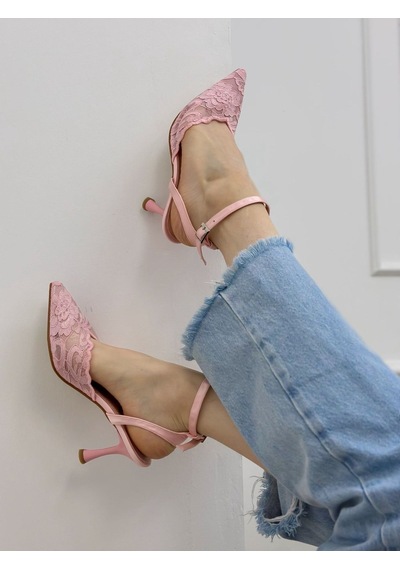 Ervanın Butiği Şeker Pembe Dantel Vusuel Nakışlı Arka Bant Detaylı Kadın Stiletto-6250