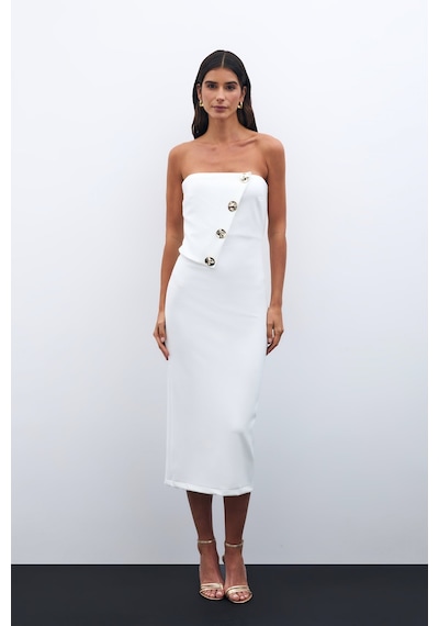 Sateen Düğme Aksesuarlı Straplez Elbise - Ekru-135537 Ekru