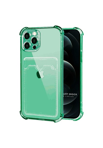 Apple Uyumlu iPhone 12 Pro Max Kılıf Darbe Emici Köşe Korumalı Kartlıklı Cüzdanlı Silikon Kapak Yeşil