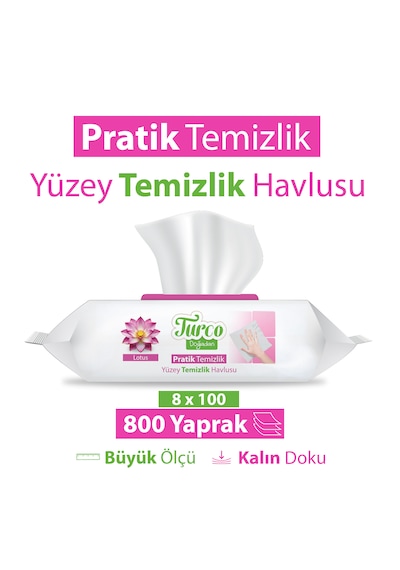 Turco Doğadan Pratik Yüzey Temizlik Havlusu Lotus 8x100 800 Yaprak Beyaz