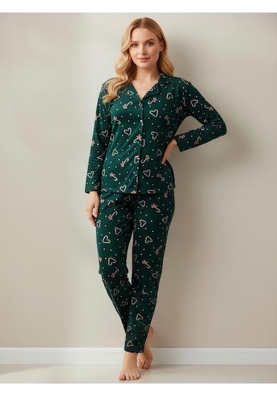 Süet Gömlek Pijama Takımı 7003 Yılbaşı Temalı Yeşil