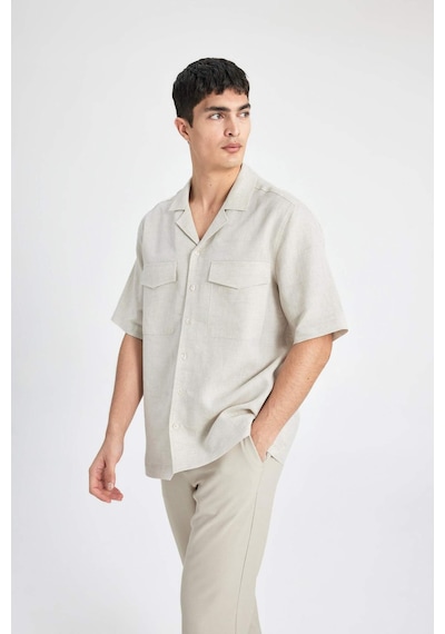 DeFacto %100 Keten Relax Fit Polo Yaka Yazlık Basic Düz Kısa Kollu Gömlek B6687AX24SPBG74