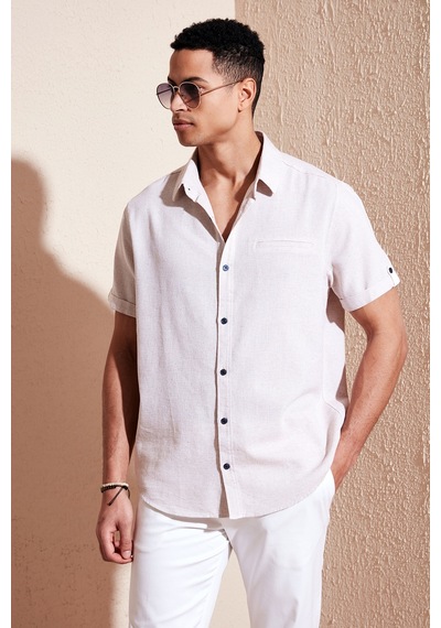 Buratti % 100 Pamuk Keten Görünümlü Slim Fit Kısa Kollu Erkek Gömlek Cf21S111766 Taş