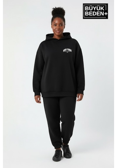 Süperlife Kadın Büyük Beden New York Baskılı Kapüşonlu İnce Sweatshirt Spr26bswk962 Siyah