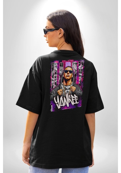 Daddy Yankee Müzik Star Pamuklu Kadın Erkek Oversize Sırt Dijital Baskılı Siyah T-shirt Siyah
