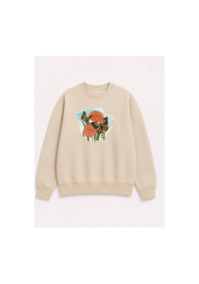 Herkesemoda Kelebek Ve Çiçek Baskılı 2 İplik Şardonlu Bisiklet Yaka Sweatshirt Bej