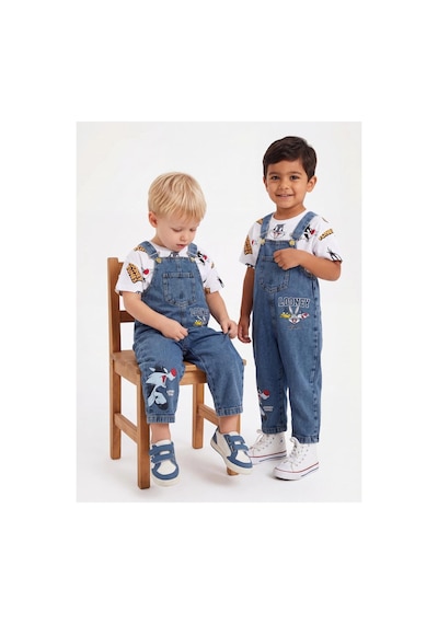 Nota Kids Baskılı Çocuk Kot Salopet Trend 2 Parça Kombin 3-6 Yaş Çok Renkli