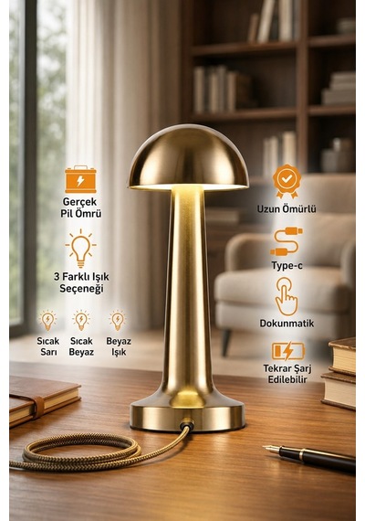 Şarjlı Mantar Masa Lambası Dokunmatik 3 Işıklı Dim Edilebilir Gece Lambası Aydınlatma Bronz