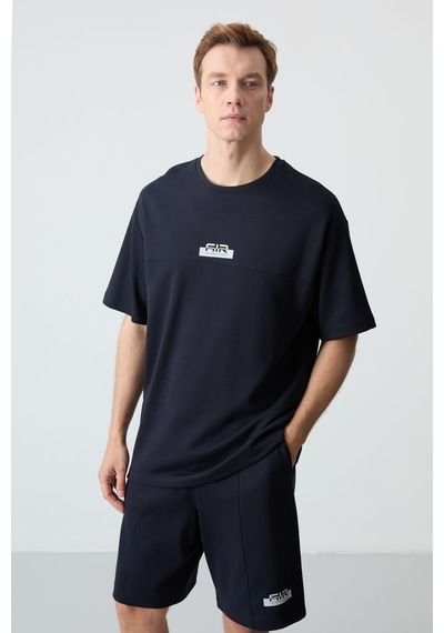 Lacivert Pamuklu Kalın Yumuşak Dokulu Oversize Fit Basic Erkek Şort Takım - 85259