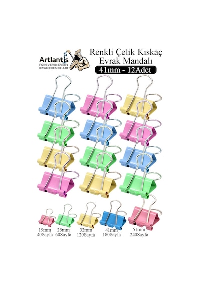 Renkli Çelik Kıskaç Klips 41 Mm 12 Adet Evrak Mandalı Renkli Metal Mandal Binder Clips Kıskaç 180 Sayfa Kapasiteli