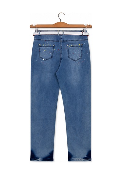 Büyük Beden Kemerli Likralı Denim Kadın Pantolon Mavi
