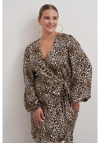 Myline Beli Kuşaklı Leopar Elbise-2571 Kahverengi