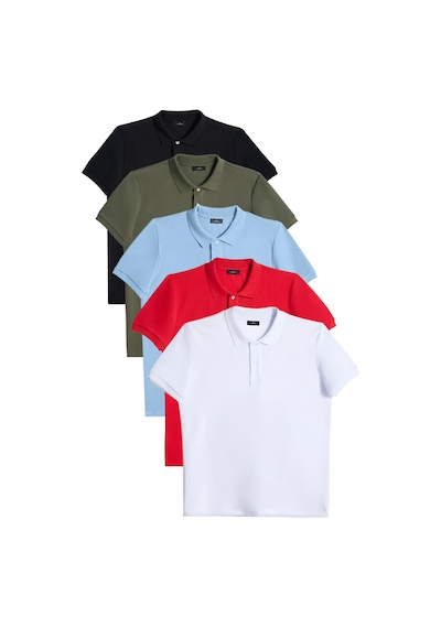 Tudors Erkek 5'li Paket Siyah-haki-koyu Mavi-kırmızı-beyaz Slim Fit Pamuklu Düz Pike Polo Yaka Tişört-33089 Multi Çok Renkli