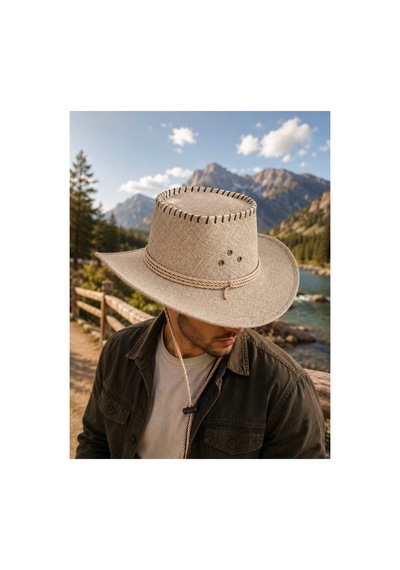 Ateşflex Kovboy Şapkası Vintage Western Tarz, Dekoratif Dikişli, İpli Safari Şapka Bej