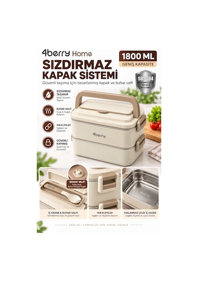 2 Katlı Yemek Termosu 3 Bölmeli 1800 Ml Taşınabilir Yemek Kabı, 304 Paslanmaz Çelik, Sızdırmaz, Isı Yalıtımlı, Kaşıklı Krem