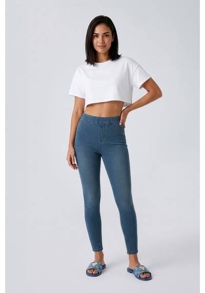 Kadın Yüksek Bel Beli Lastikli Mavi Tayt Jean Pantolon Mavi