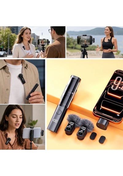 Buffer 2'li Kablosuz Yaka Mikrofonu, Type-c Uyumlu, Gürültü Engelleme Özellikli Ve Tripod'a Takılabilir Dijital Şarj Gös
