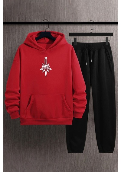 Uyguntarz Unisex Skullcracked Baskılı Eşofman Takımı Kırmızı