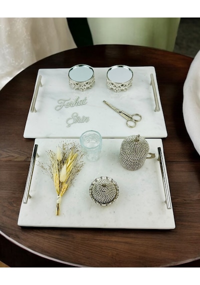 Gümüş Mermer Söz Tepsisi Ve Damat Kahve Fincan Tepsisi Beyaz Beyaz