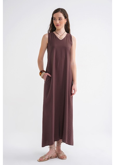 Mixray 4694 Kadın Cepli V Yaka Uzun Basic Elbise Kahve