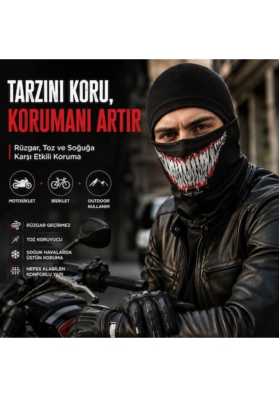 Womanandkids Wak Unisex Tam Yüz Balaklava Diş Desenli Kışlık Maske Nefes Alan Esnek Kask Altı Boyunluk Yumuşak Viskoz Siyah