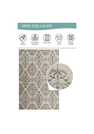 Artloop Nora Bej / Yeşil Etnik Desenli Dokuma Tabanlı Modern Şönil Halı Al 506 Bej - Yeşil
