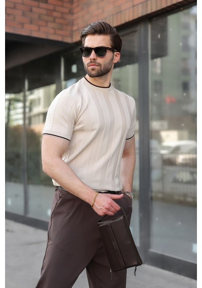 Madmext Taş Rengi Bisiklet Yaka Regular Fit Triko Erkek Tişört E7487