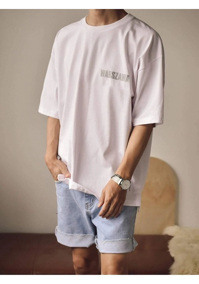 Erkek Oversize Warszawa Baskılı Beyaz T-shirt Beyaz